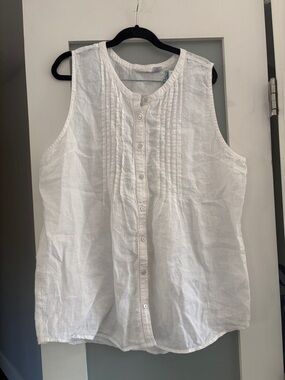 Sigrid Olsen White Sleeveless Pintuck Button-Front Linen Blouse